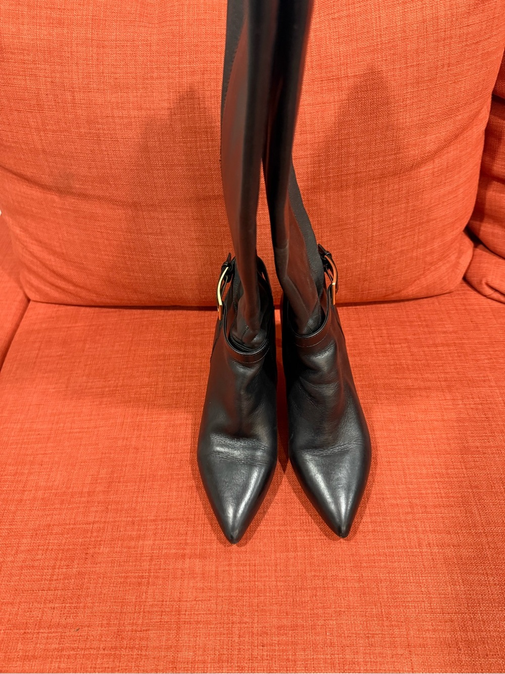 Vince Camuto Black Leather Mid-Calf Heeled Boots with Gold Buckle - Picture 2 of 5